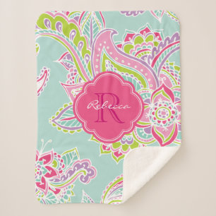 Pink and Mint Boho Paisley Monogrammed Sherpa Blanket