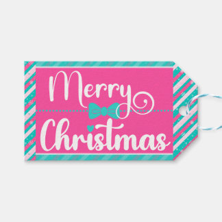 Pink and Mint Bright Christmas Diagonal Stripe Gift Tags