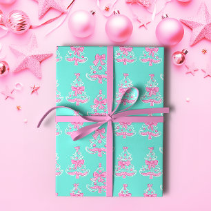 Pink and Mint Coquette Christmas Trees  Wrapping Paper