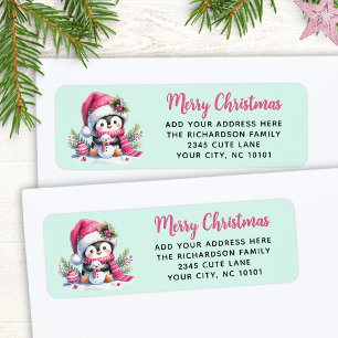 Pink and Mint Cute Penguin Custom Merry Christmas