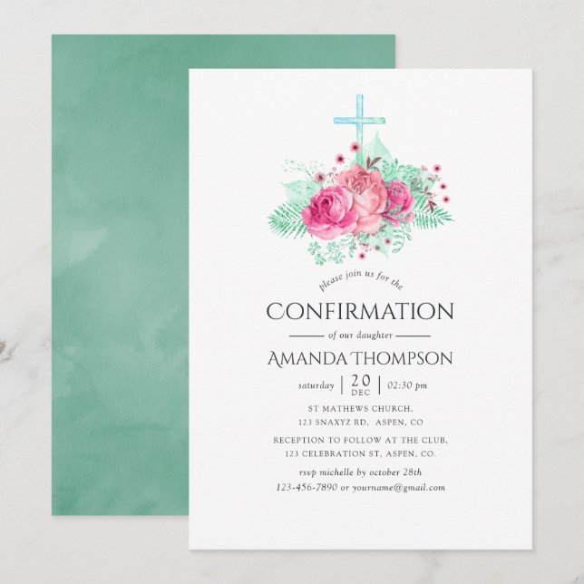 Pink and Mint Floral Confirmation Invitation (Front/Back)