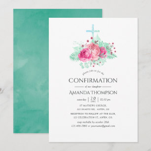 Pink and Mint Floral Confirmation Invitation