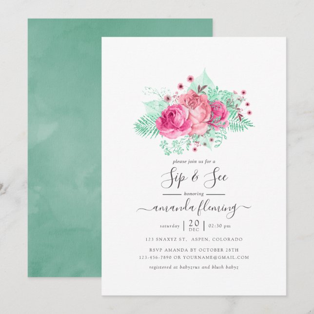 Pink and Mint Floral Sip and See Invitation (Front/Back)