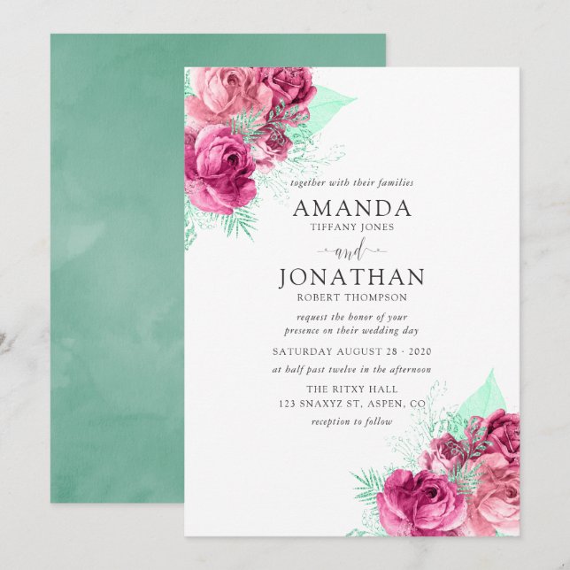 Pink and Mint Floral Wedding invitation (Front/Back)