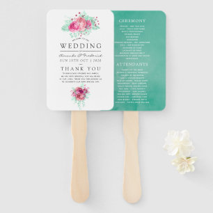 Pink and Mint Floral Wedding Program Hand Fan