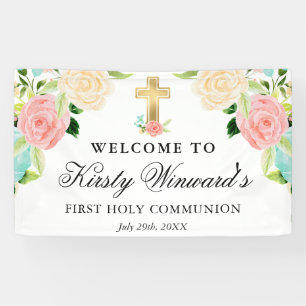 Pink and Mint  Flowers First Holy Communion Banner