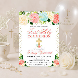 Pink and Mint Flowers First Holy Communion Invitation