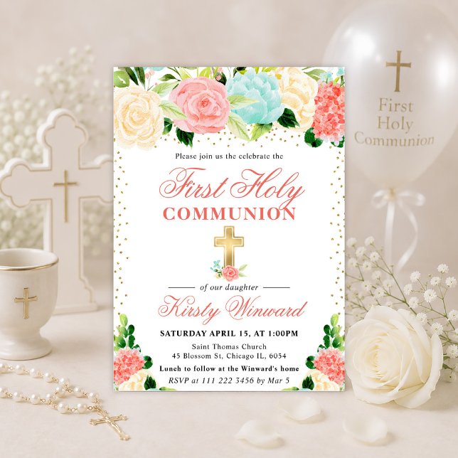 Pink and Mint Flowers First Holy Communion Invitation (Creator Uploaded)