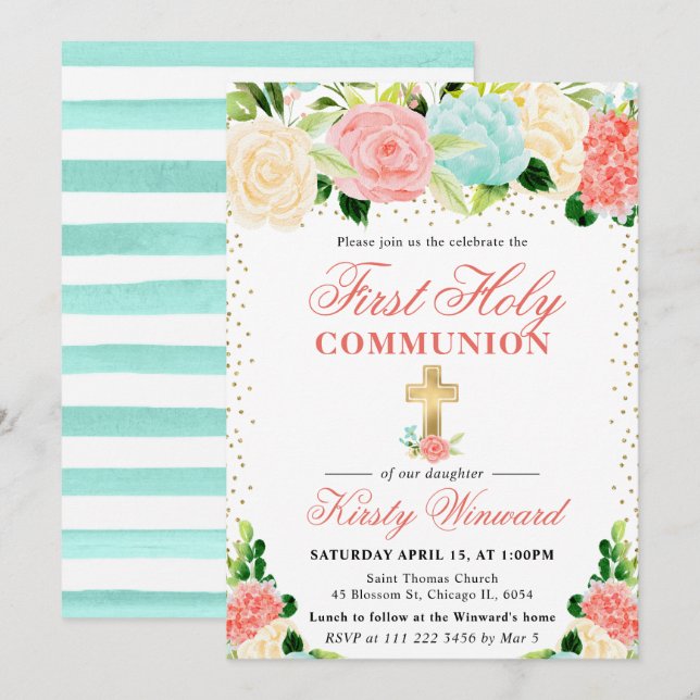 Pink and Mint Flowers First Holy Communion Invitation (Front/Back)