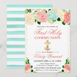 Pink and Mint Flowers First Holy Communion Invitation