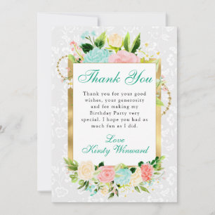 Pink and Mint Flowers Gold Birthday Thank You Card
