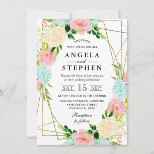 Pink and Mint Flowers Gold Frame Wedding Invitation