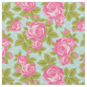 Pink and Mint Girly Vintage Roses Floral Print Fabric