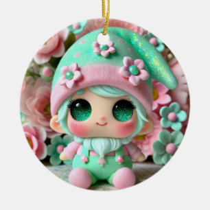 Pink and Mint Green Cute Gnome with Flowers Ceramic Ornament