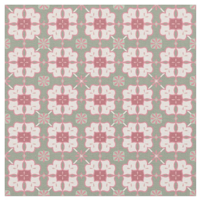 Pink and Mint Green | Lovely Floral Block Pattern Fabric (Close Up)