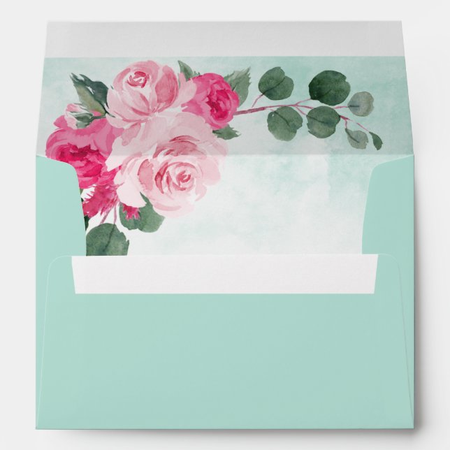 Pink and Mint Green Watercolor Floral Wedding Envelope (Back (Bottom))