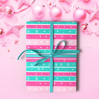 Pink and Mint Horizontal Striped Snowflake Wrapping Paper