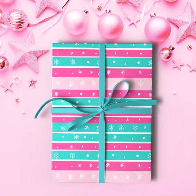 Pink and Mint Horizontal Striped Snowflake Wrapping Paper (Creator Uploaded)
