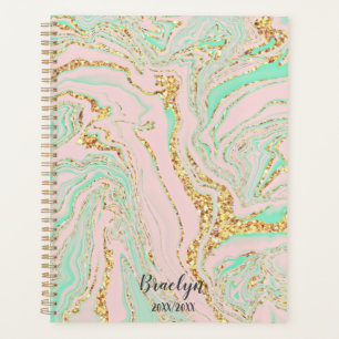 Pink and Mint Marble Gold Glitter Personalized Planner