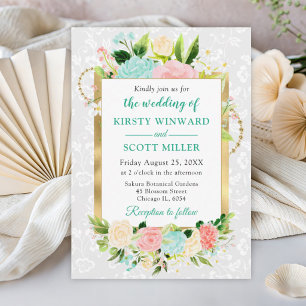 Pink and Mint Summer Flowers Gold Foil Wedding Invitation