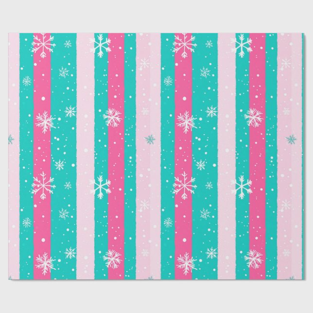 Pink and Mint Vertical Striped Snowflake Wrapping Paper (Flat)