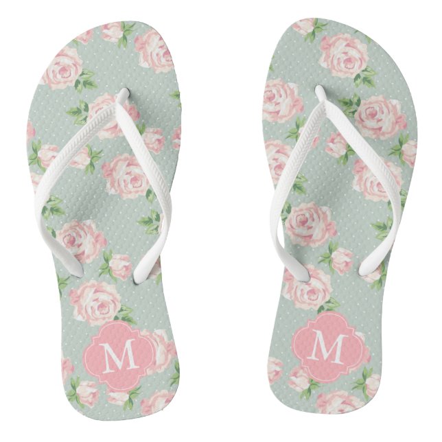Pink and Mint Vintage Roses Monogrammed Flip Flops (Footbed)