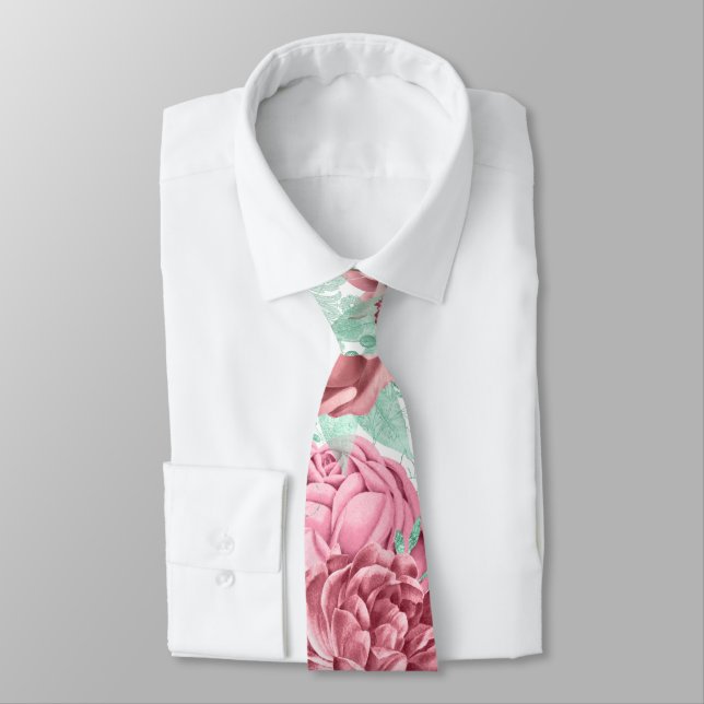 Pink and Mint Watercolor Florals Wedding Tie (Tied)