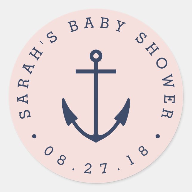 Pink and Navy Anchor Nautical Baby Shower Classic Round Sticker (Front)