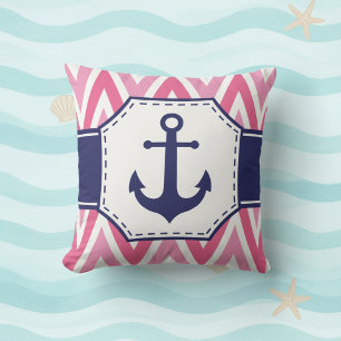 Pink and Navy Anchor Throw Pillow