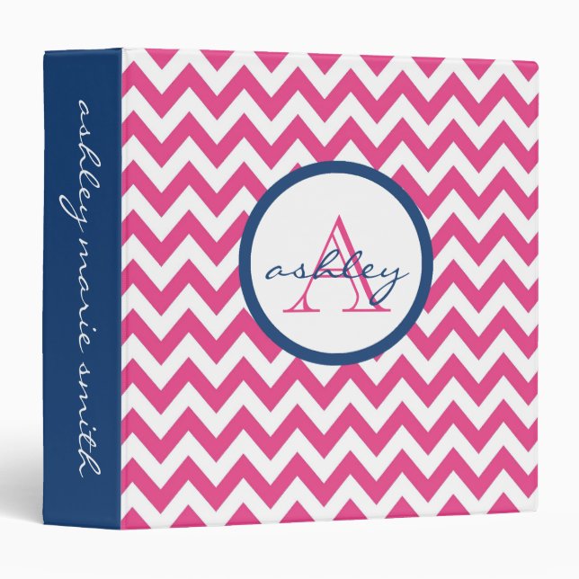 Pink and Navy Blue Chevron Monogram Binder (Front/Spine)
