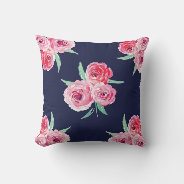 Pink and Navy blue floral Pillow (Front)