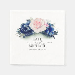 Pink and Navy Blue Floral Wedding Napkin