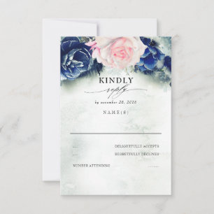 Pink and Navy Blue Floral Wedding RSVP Card