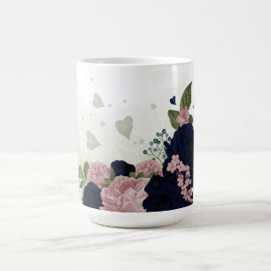 pink and navy blue flowers greenery  coffee mug