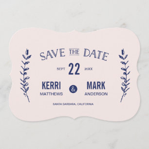 Pink and Navy Blue Laurels Save The Date Card