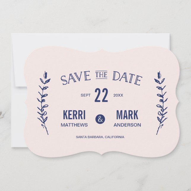 Pink and Navy Blue Laurels Save The Date Card (Front)