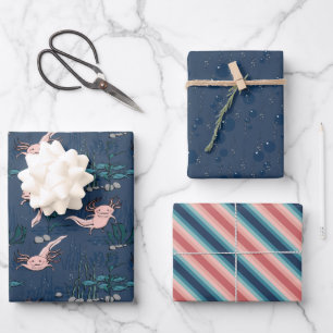 Pink and Navy Blue Mexican Axolotl Wrapping Paper Sheet