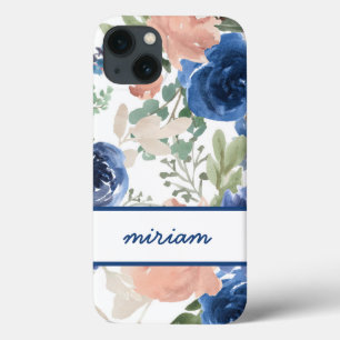 Pink and Navy Blue Watercolor Floral Name iPhone 13 Case
