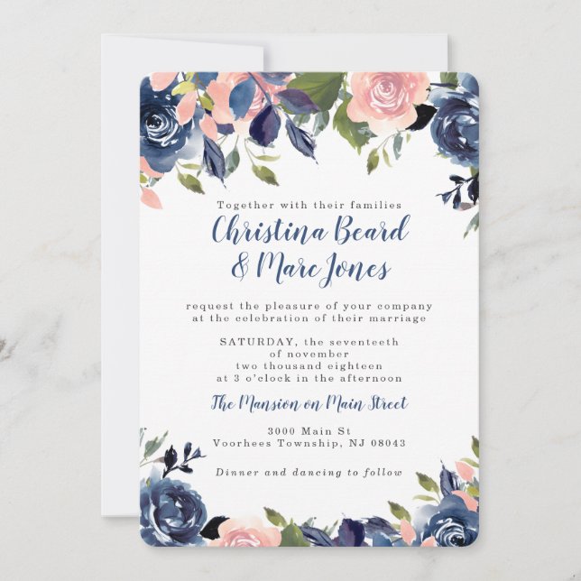 Pink and Navy Blue Wedding Invitations (Front)