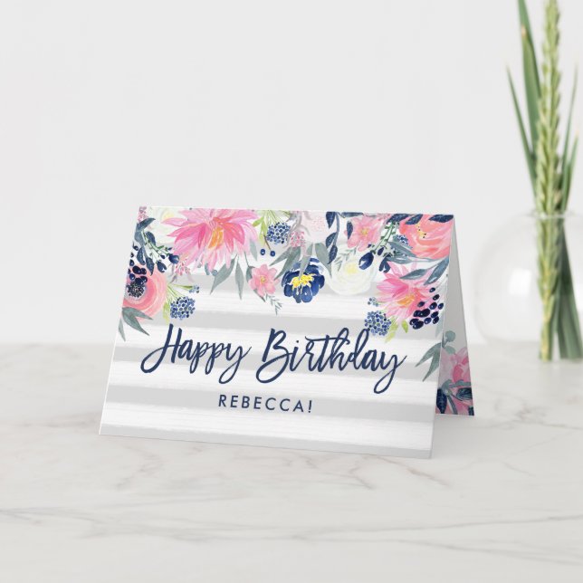 Pink and Navy Flowers | Stripes Happy Birthday Card (Front)
