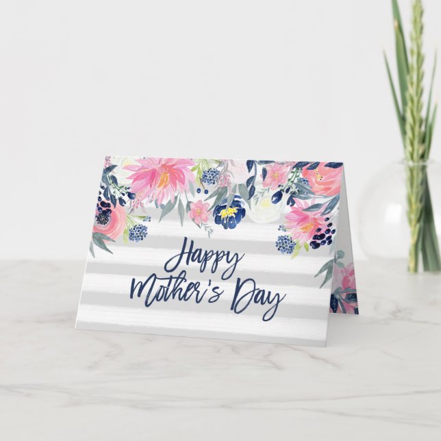 Pink and Navy Flowers | Stripes Happy Mother's Day Card (Front)