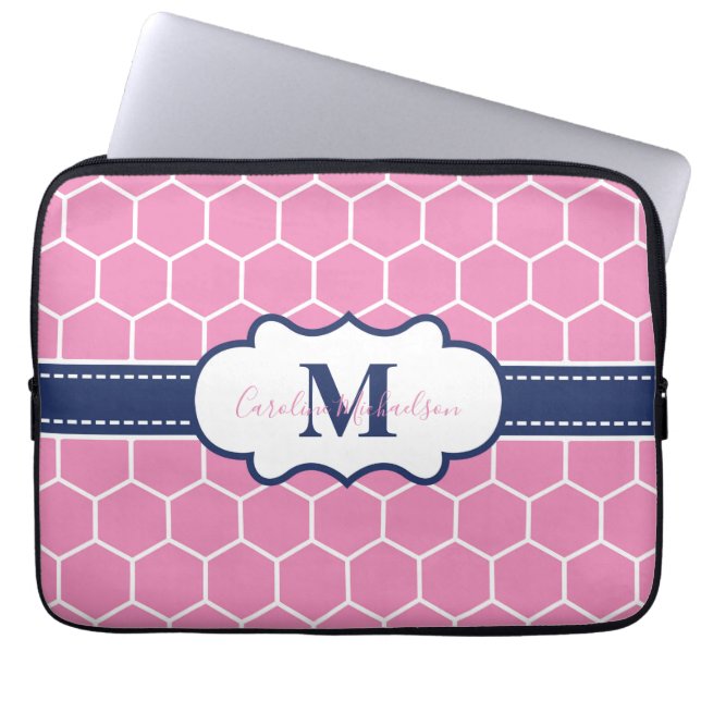 Pink and Navy Monogram Geometric Pattern  Laptop Sleeve (Front)