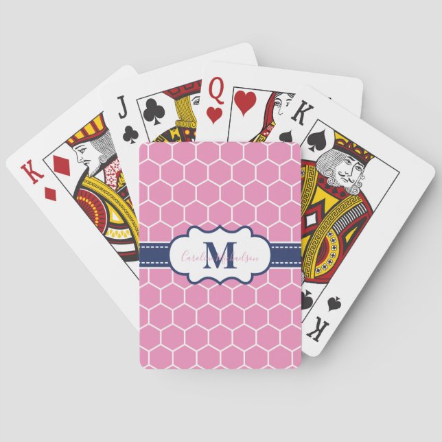 Pink and Navy Monogram Geometric Pattern  Playing Cards (Back)
