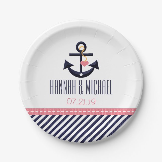 Pink and Navy Nautical Anchor Wedding Paper Plate (Front)