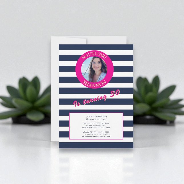 Pink and Navy Nautical Stripes Birthday Party Invitation (Creator Uploaded)