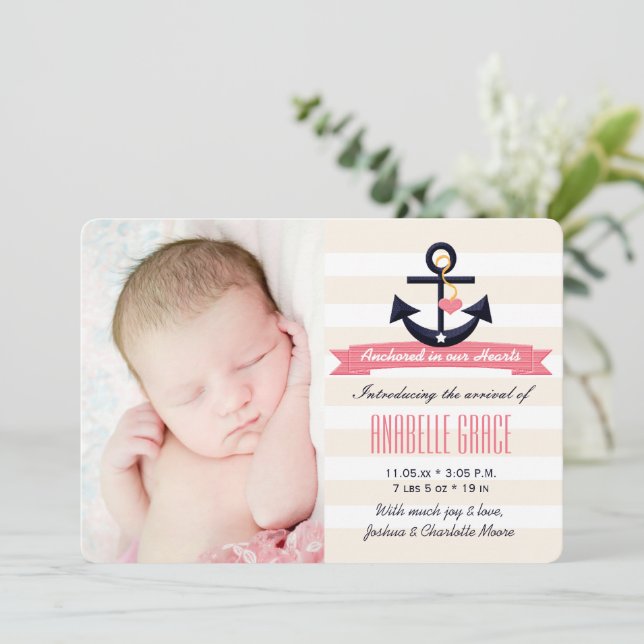 Pink and Navy Nautical Themed Birth Announcement (Standing Front)