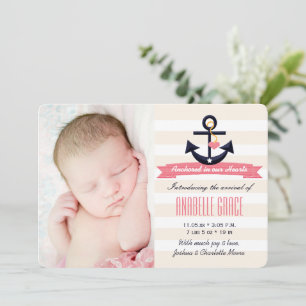 Pink and Navy Nautical Themed Birth Announcement