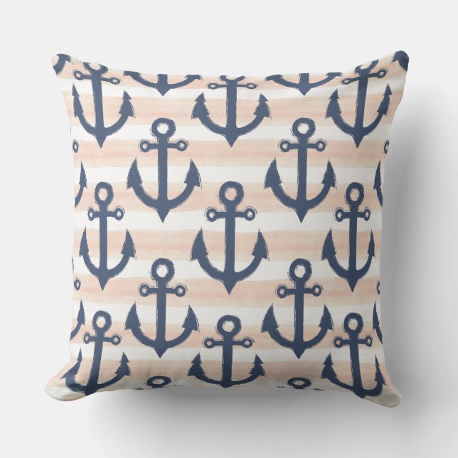 Pink and Navy Nautical Throw Pillow (Front)