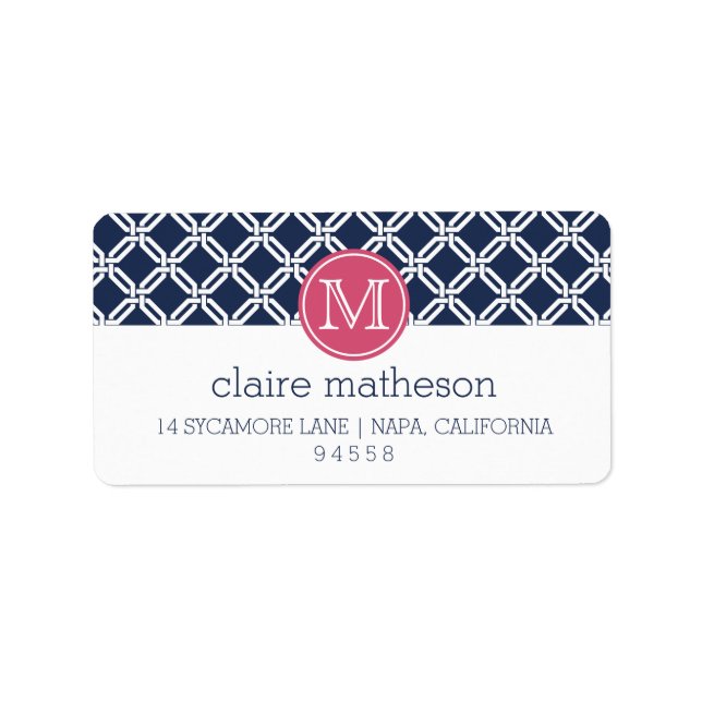 Pink and Navy Octagon Lattice Link Monogram Label (Front)