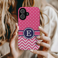 Pink and Navy Preppy Chevron Dots Monogram